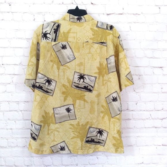 Havana Jacks Cafe Shirt Mens Medium Yellow Floral Silk Hawaiian Postcard Camp - Picture 8 of 9